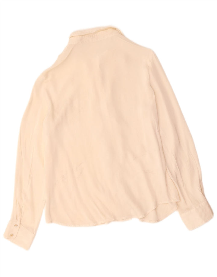 vintage Femmes Ruffle Front Shirt Blouse UK 12 Moyen Blanc