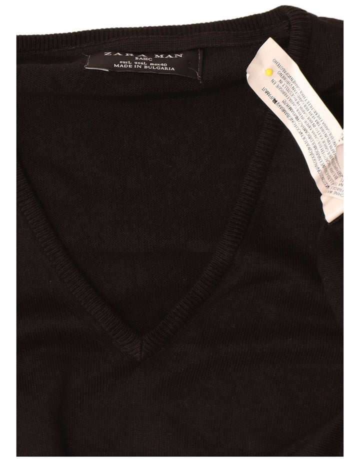 Zara Pull col V pour homme en coton noir Large