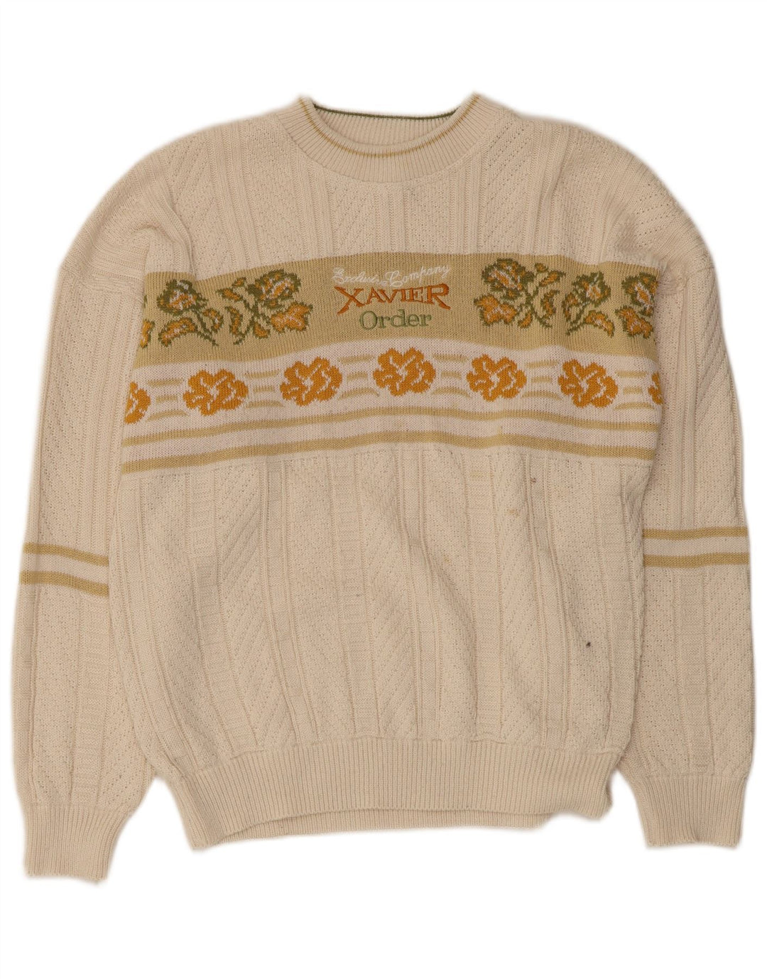 VINTAGE Pull graphique à col bateau pour homme Motif floral blanc moyen