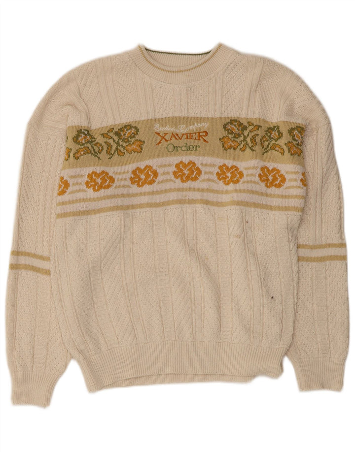 VINTAGE Pull graphique à col bateau pour homme Motif floral blanc moyen