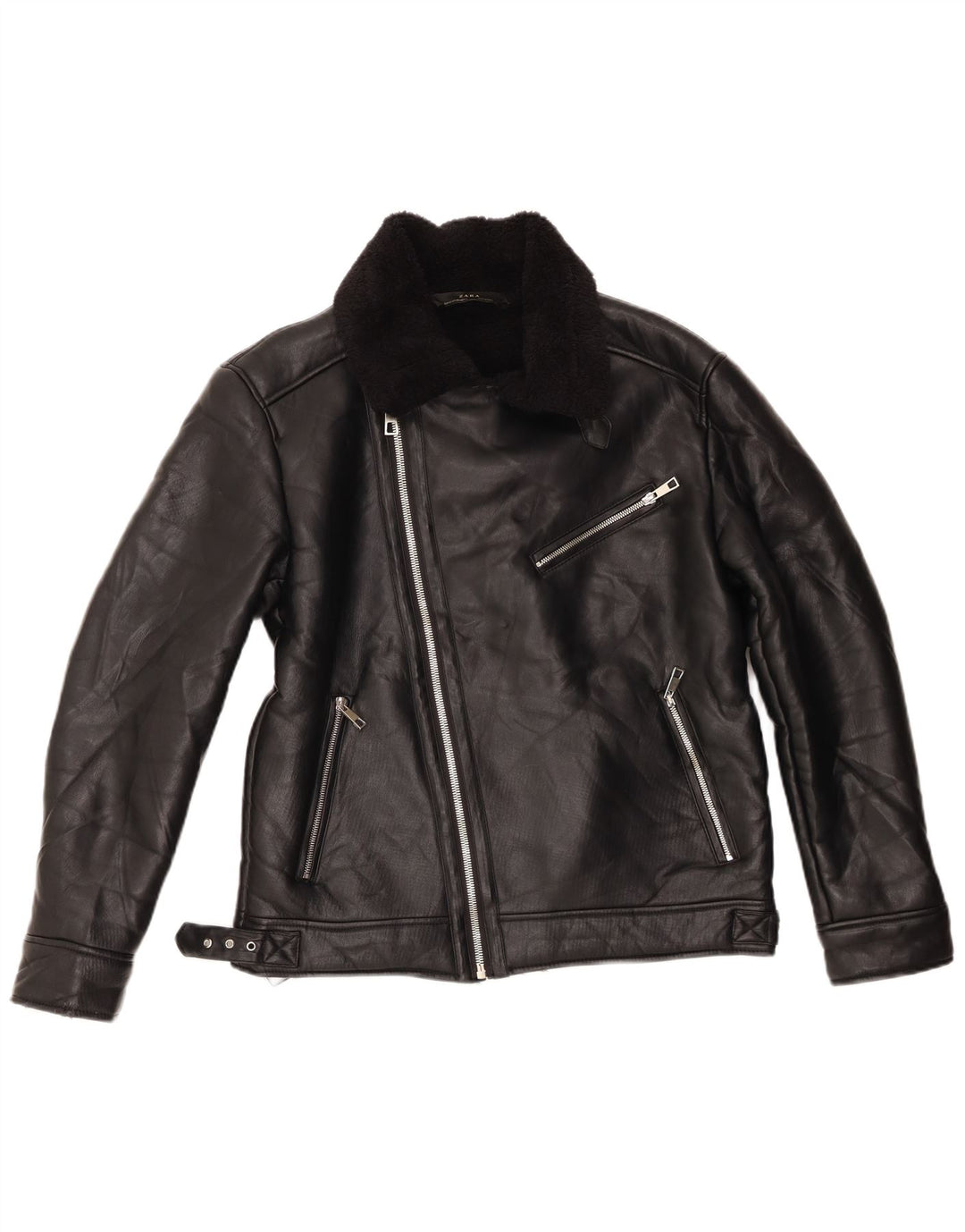 Zara Veste Sherpa Biker Femme UK 14 Medium Noir Polyester