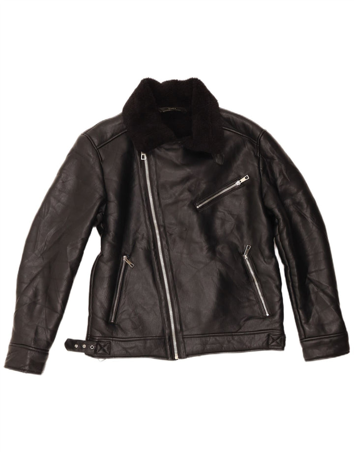 Zara Veste Sherpa Biker Femme UK 14 Medium Noir Polyester