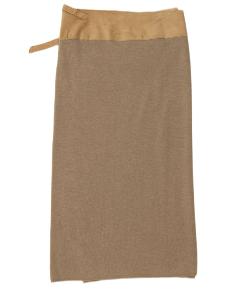 Benetton Femme Jupe Midi Portefeuille Large W32 Beige Colourblock Laine