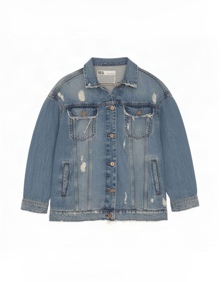 Zara Veste en jean surdimensionnée en détresse pour femme UK 10 Petit coton bleu