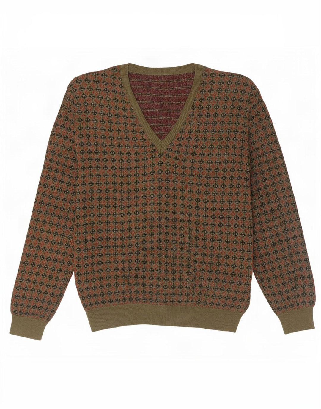 vintage Mens V-Col Jumper Pull Grande Laine Géométrique Kaki