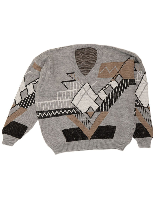 vintage Mens V-Col Jumper Pull Grand Gris Géométrique Acrylique