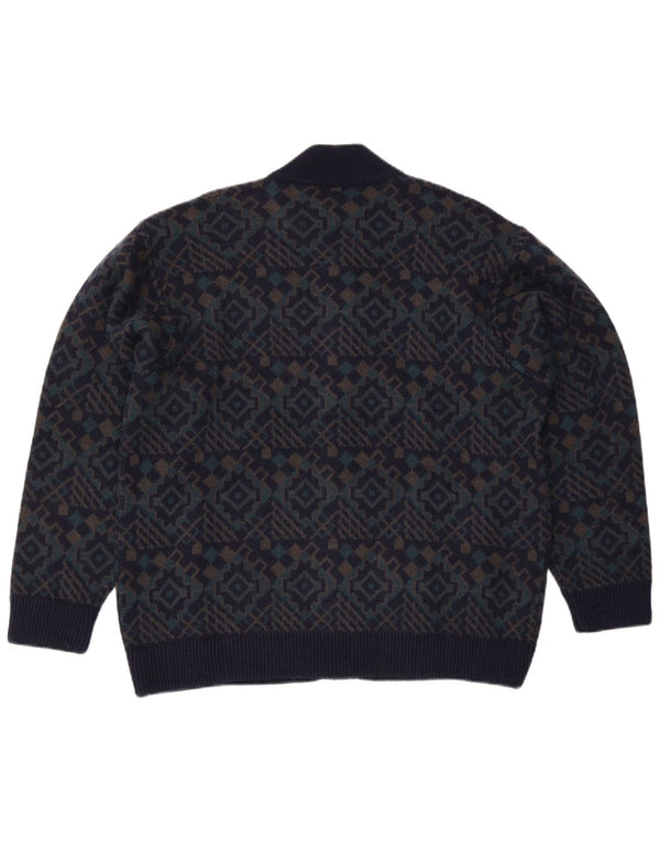 vintage Mens Cardigan Sweater XL Bleu Marine Géométrique Laine