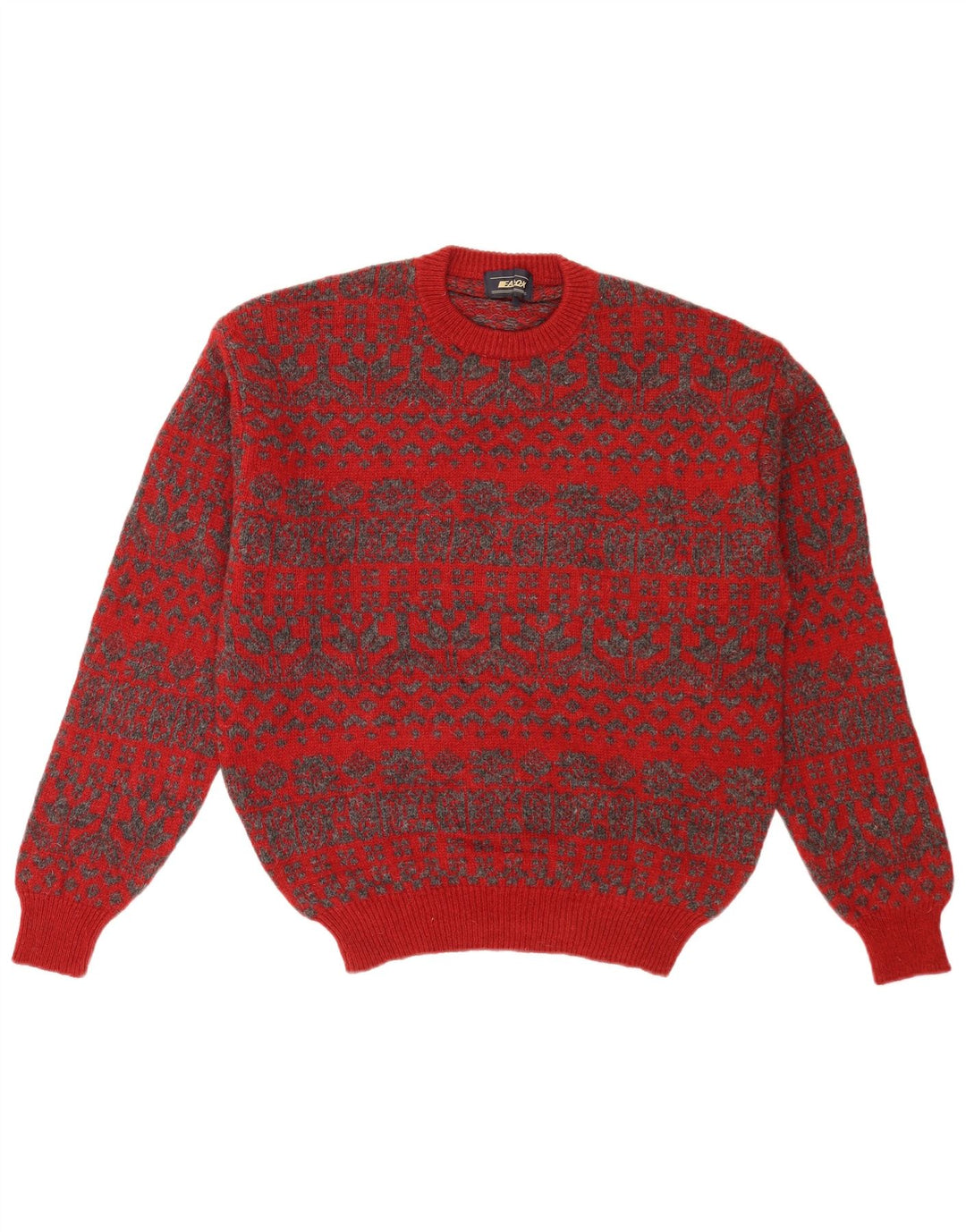 vintage Mens Crew Neck Jumper Pull Moyen Rouge Fair Isle Rétro