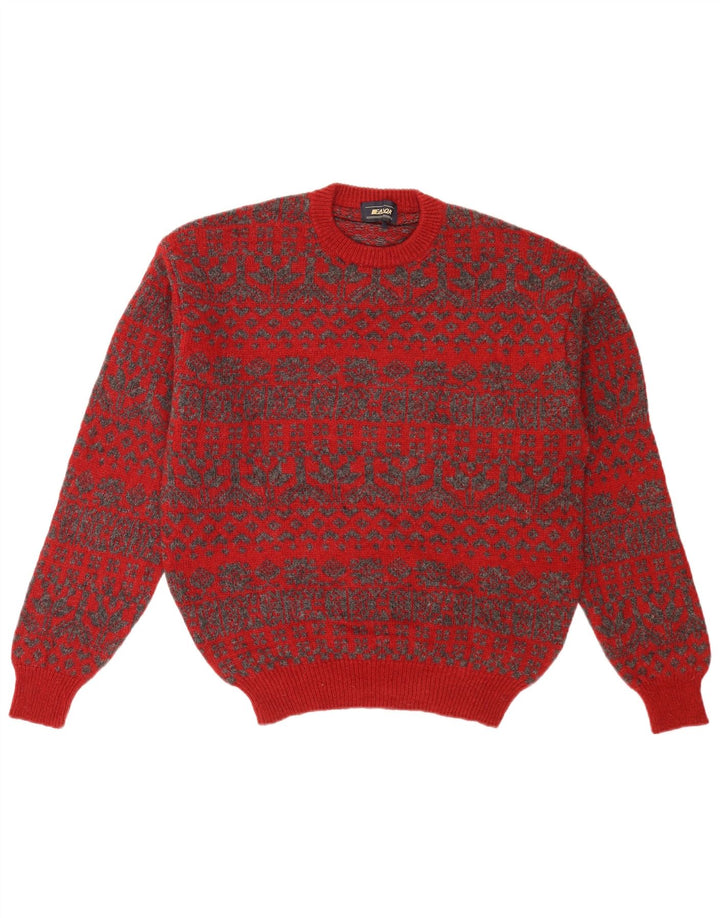 vintage Mens Crew Neck Jumper Pull Moyen Rouge Fair Isle Rétro