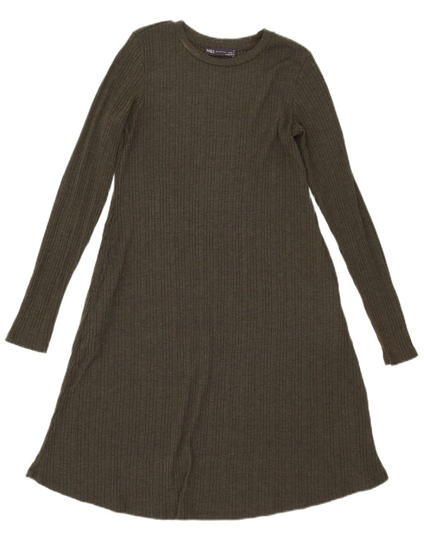 Marks & Spencer Robe trapèze à manches longues pour femme UK 8 Small Kaki Polyester