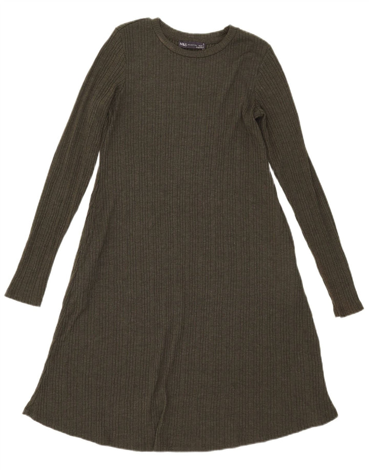 Marks & Spencer Robe trapèze à manches longues pour femme UK 8 Small Kaki Polyester