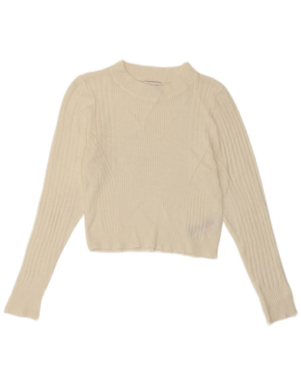 Topshop Pull court à col rond pour femme UK 14 Grand acrylique blanc