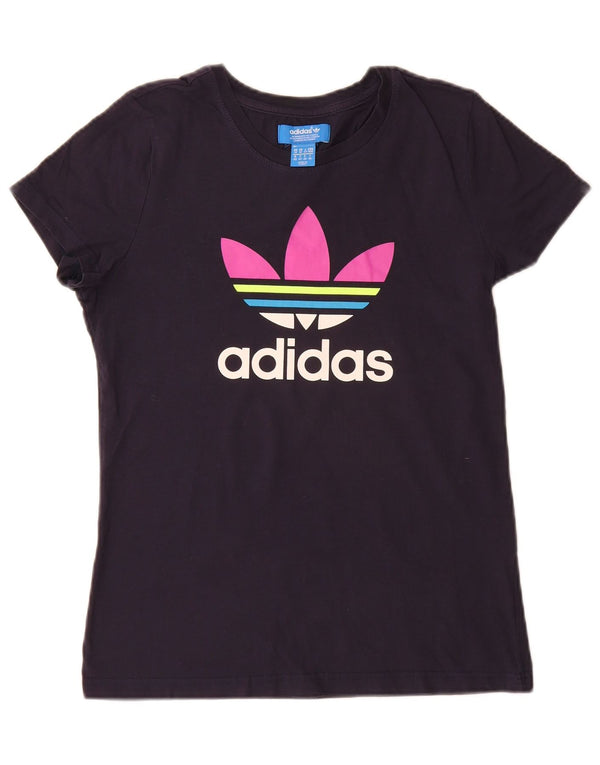 Adidas T-shirt graphique pour femme UK 14 Bleu marine moyen Coton