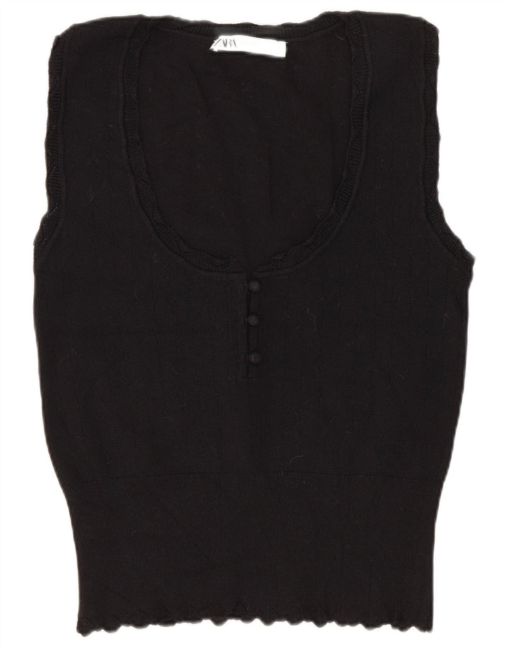 Zara Womens Crop Vest Débardeur UK 14 Large Noir Viscose
