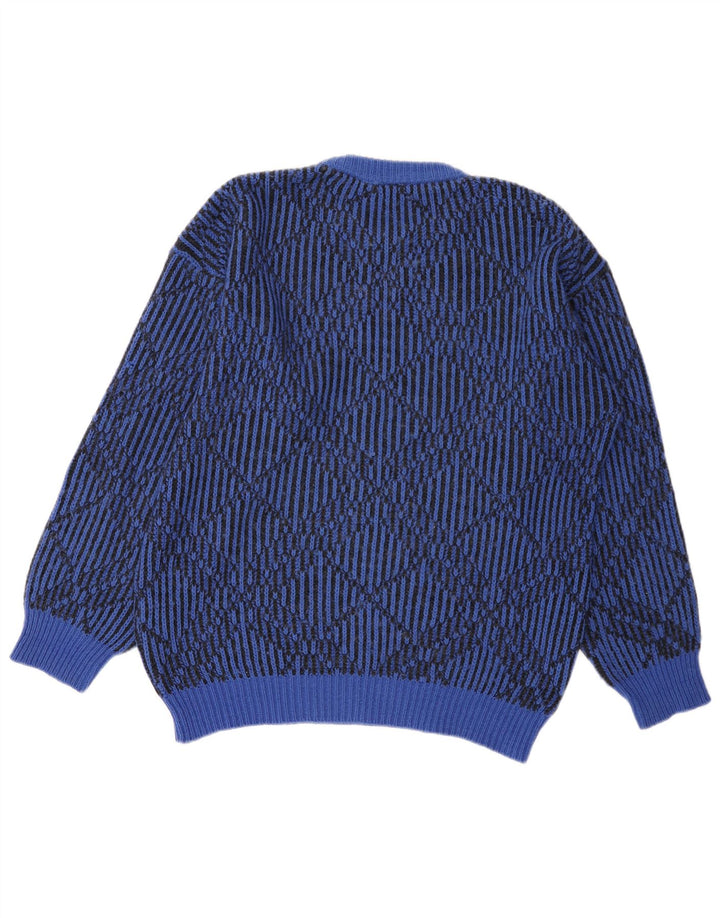 vintage Mens Crew Neck Jumper Pull Grand Bleu Géométrique