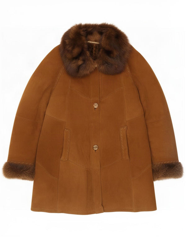 Manteau en peau de mouton vintage pour femme UK 16 Large Marron