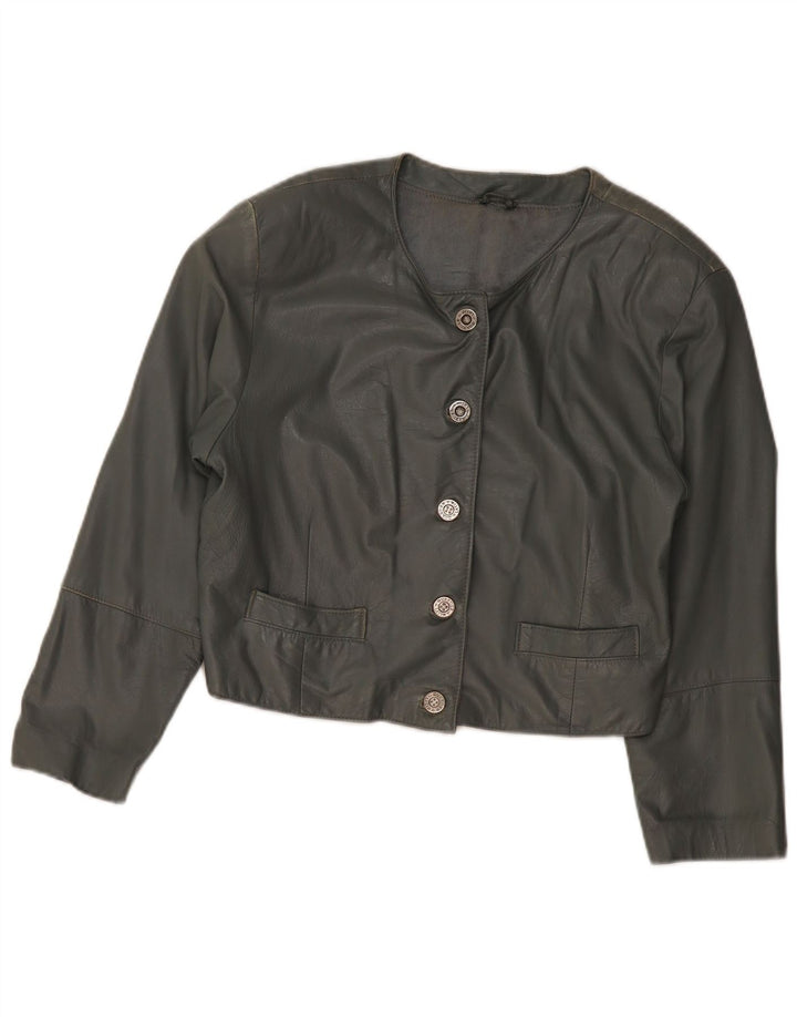 VINTAGE Veste bomber en cuir femme UK 12 Cuir gris moyen