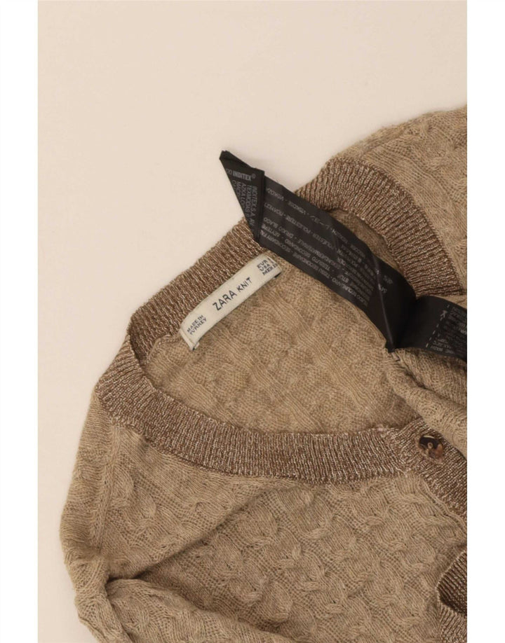 Zara Femmes Crop Cardigan Pull UK 8 Petit Beige Polyester