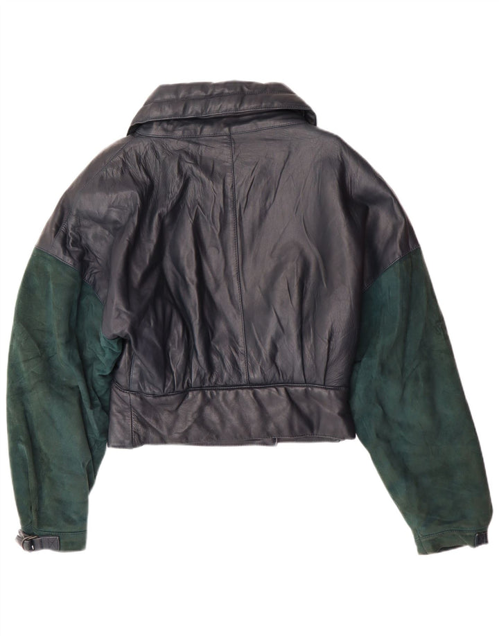 VINTAGE Veste en cuir crop femme UK 6 XS Bleu Marine