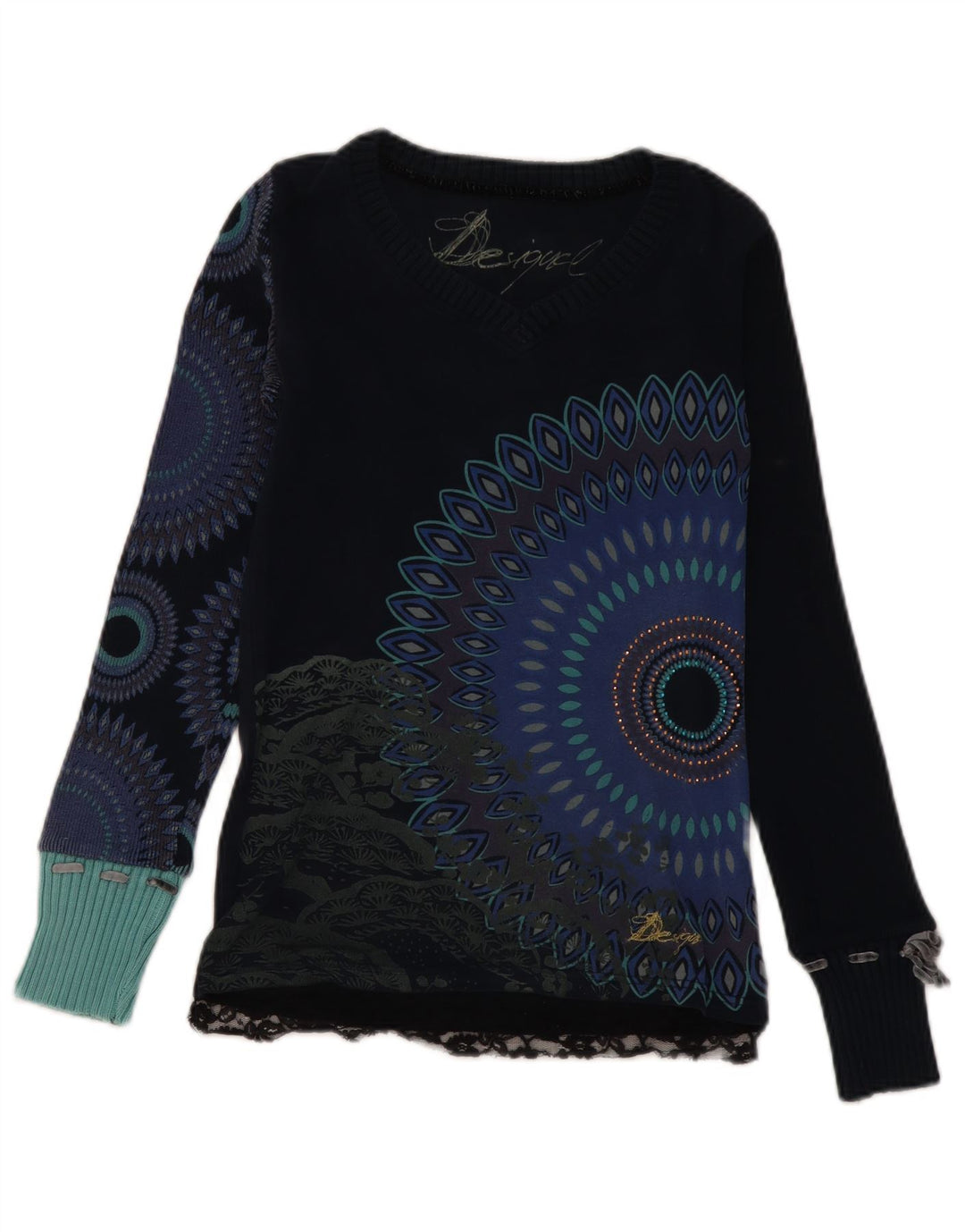 DESIGUAL Pull graphique à col en V pour femme UK 8 Petit Bleu Marine Floral