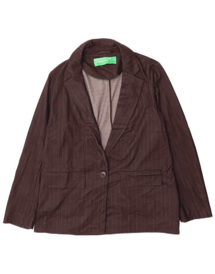 Benetton Veste Blazer 1 Bouton Femme UK 12 Moyen Noir Rayé Classique