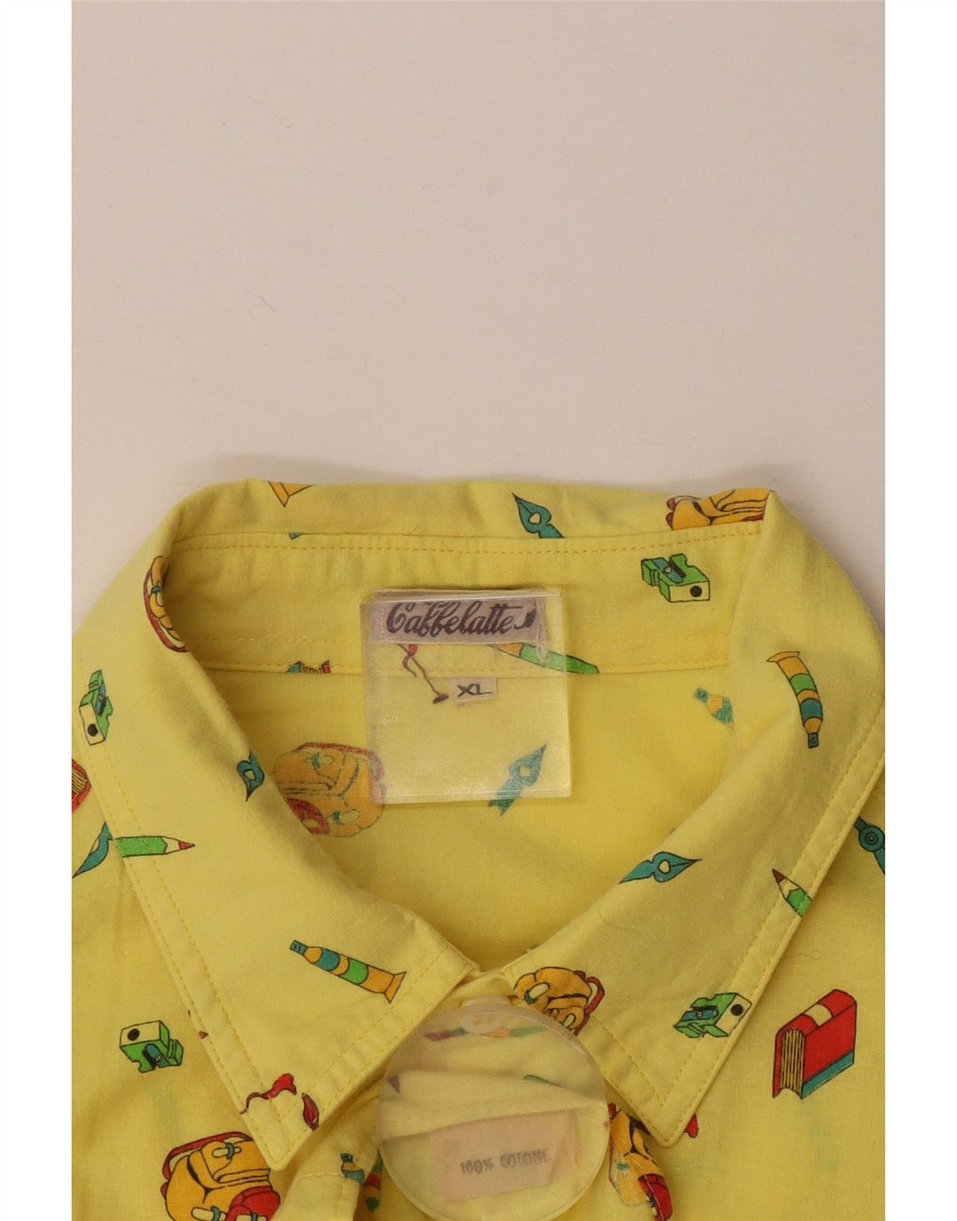VINTAGE Chemise à manches courtes pour homme à motif abstrait XL en coton jaune