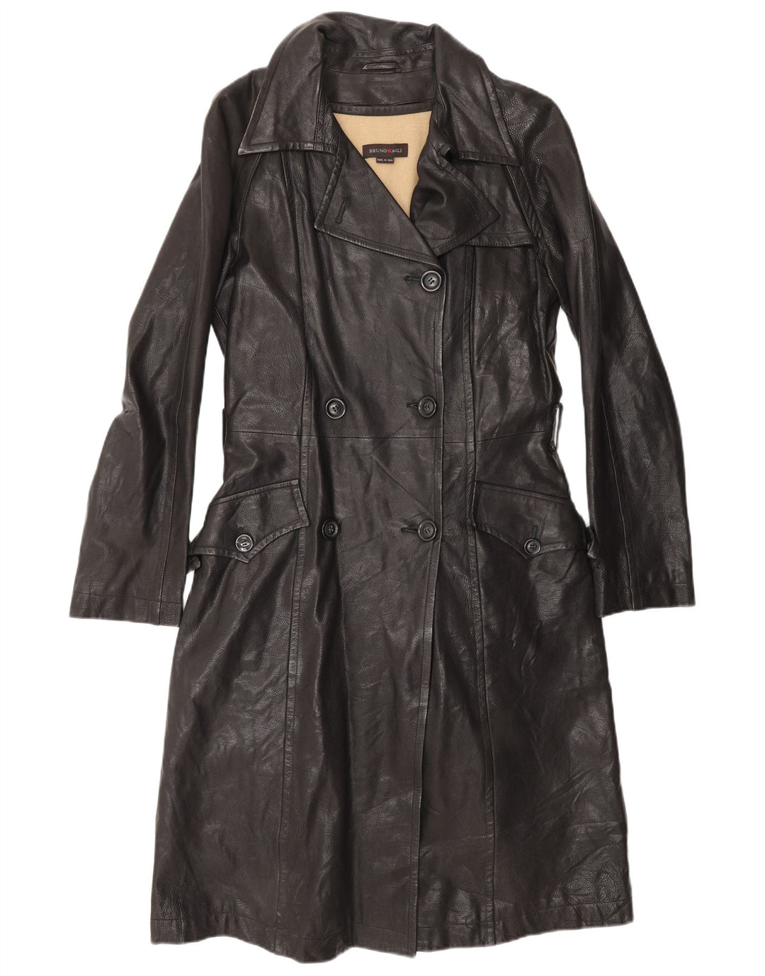 Bruno Magli Manteau en cuir à double boutonnage pour femme UK 12 Cuir noir moyen