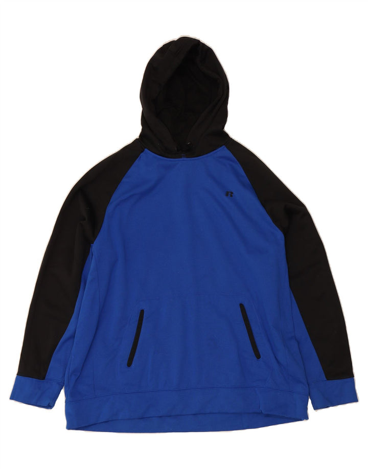 RUSSELL ATHLETIC Mens Hoodie Jumper 2XL Blue Colourblock Polyester Vintage Russell Athletic and Second-Hand Russell Athletic from Messina Hembry 