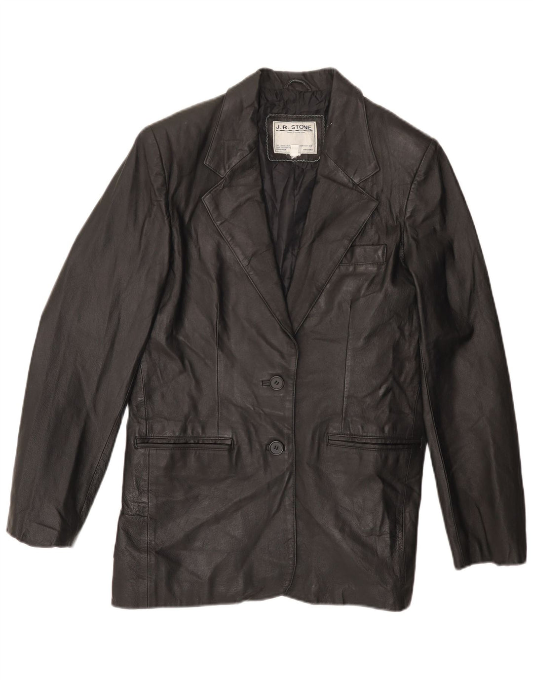 VINTAGE Femme 2 Boutons Veste Blazer En Cuir UK 14 Grand Cuir Noir