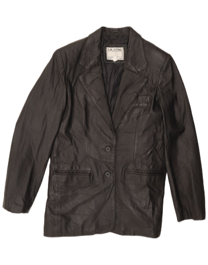 VINTAGE Femme 2 Boutons Veste Blazer En Cuir UK 14 Grand Cuir Noir