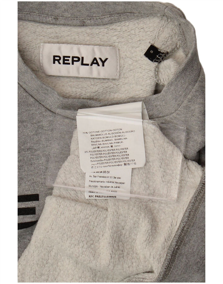REPLAY Femme Paris Crop Graphic Sweatshirt Jumper UK 10 Small Gris Coton