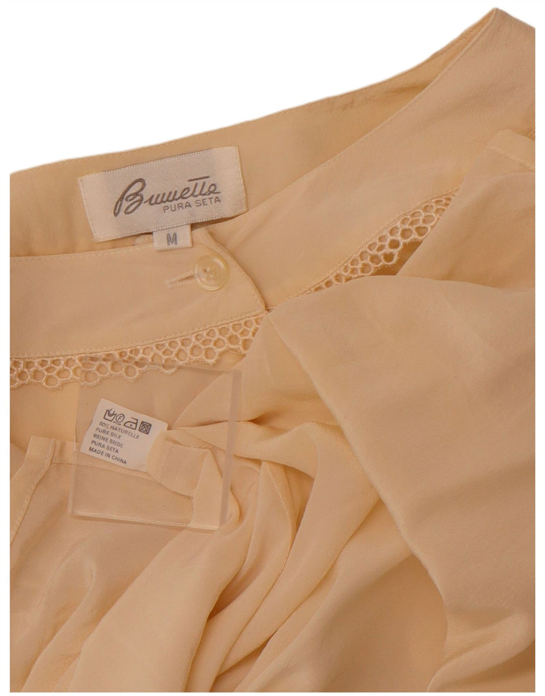 VINTAGE Femme Voir à travers la chemise Blouse UK 14 Soie Beige Moyenne