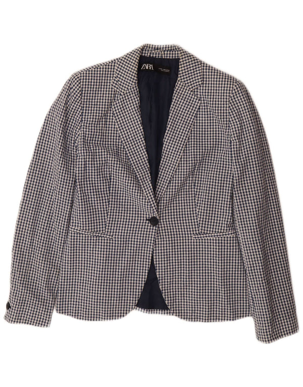 ZARA Femme 1 Bouton Blazer Veste EU 38 Petit Bleu Vichy Coton