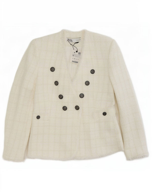 Zara Veste blazer croisée pour femme UK 12 à carreaux blancs moyens