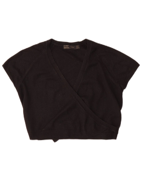 Zara Womens Crop Wrap Blouse Top UK 14 Grand Acrylique Noir
