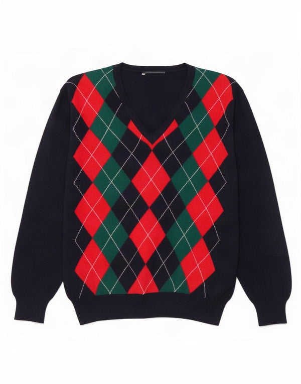 vintage Mens V-Col Jumper Pull Grand Bleu Marine Argyle/Diamond Laine