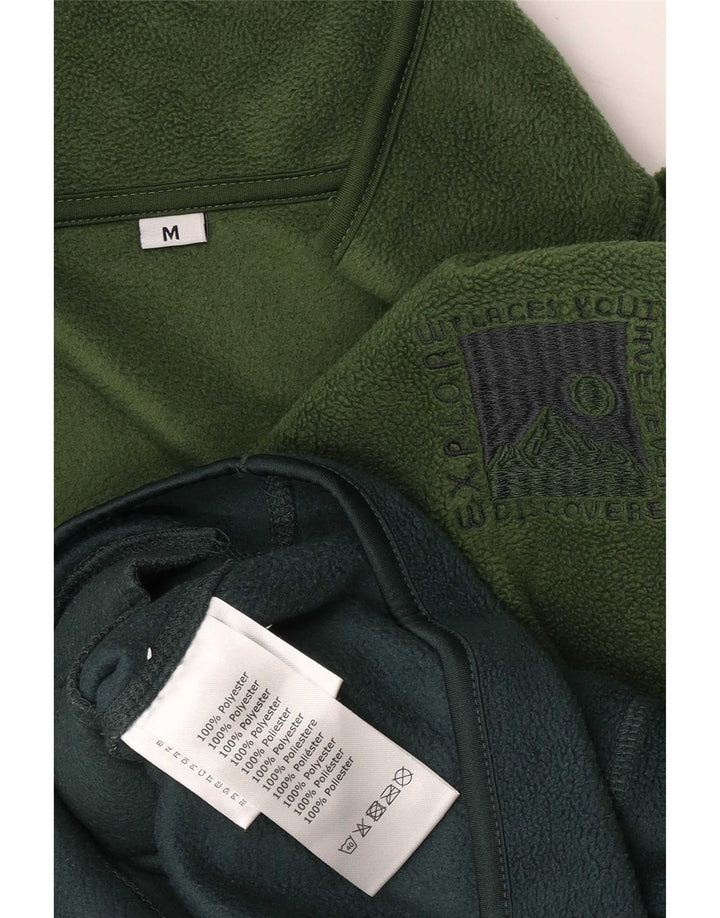 vintage Mens Zip Neck Fleece Jumper Moyen Vert Colorblock Polyester