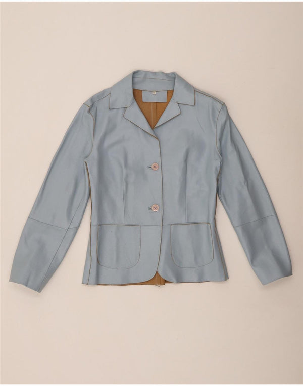 VINTAGE Femme 2 Boutons Veste Blazer En Cuir UK 12 Bleu Moyen