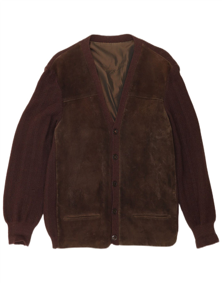 vintage Homme Cardigan Pull Marron Moyen Colourblock