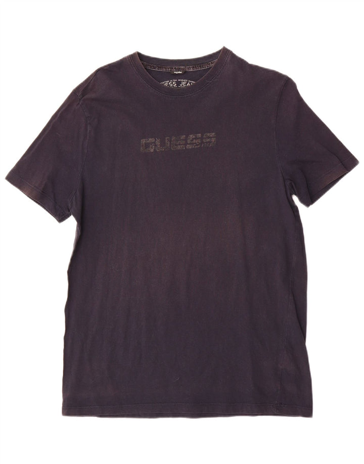 Guess Mens Regular Graphic T-Shirt Top Large Bleu Marine Coton
