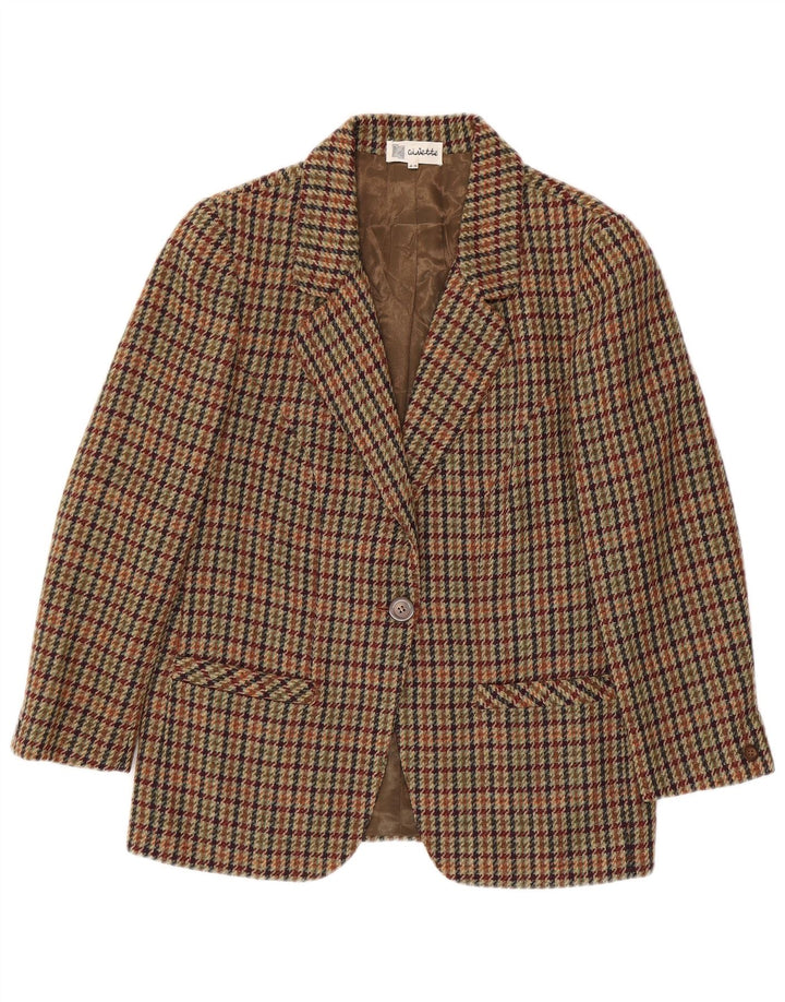 vintage Femme 1 Bouton Blazer Veste IT 42 Laine Pied-de-Poule Brun Moyen