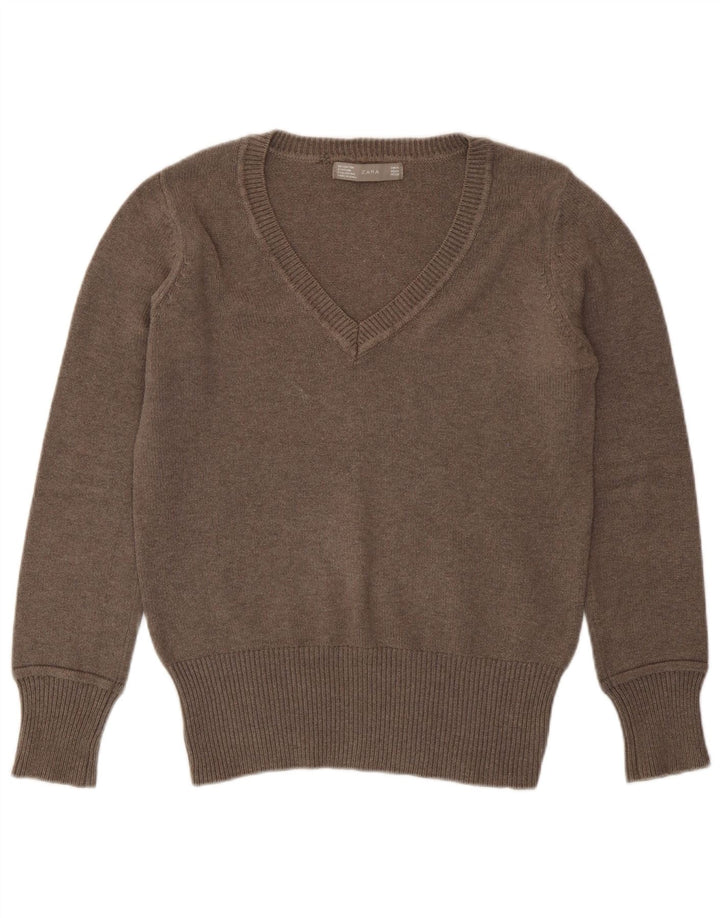 Zara Pull col V pour femme UK 14 Marron moyen
