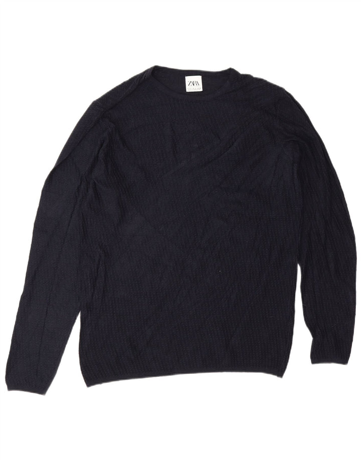 Zara Pull Col Rond Homme Bleu Marine Moyen Viscose