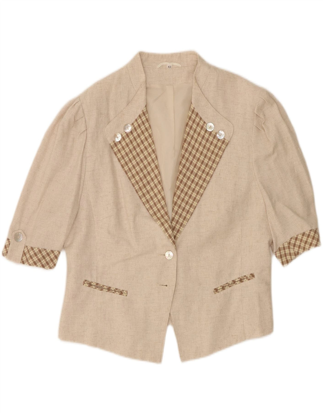 vintage Femme 3/4 Manches 2 Bouton Blazer Veste UK 16 Grande Viscose Beige