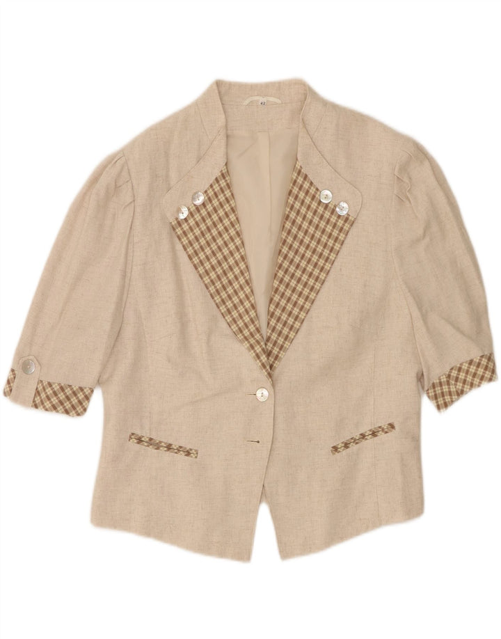vintage Femme 3/4 Manches 2 Bouton Blazer Veste UK 16 Grande Viscose Beige
