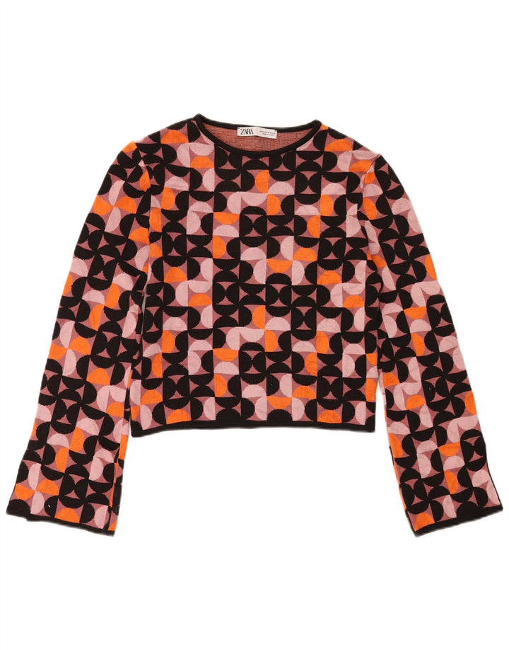 Zara Womens Crop Top Manches Longues UK 12 Moyen Multicolore Géométrique