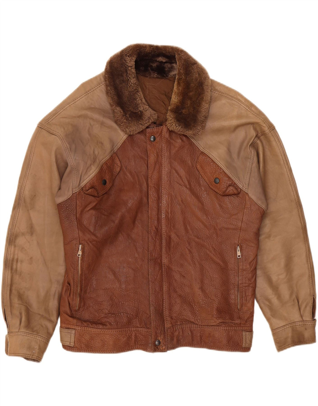 veste en cuir homme vintage IT 50 Grand cuir colorblock marron
