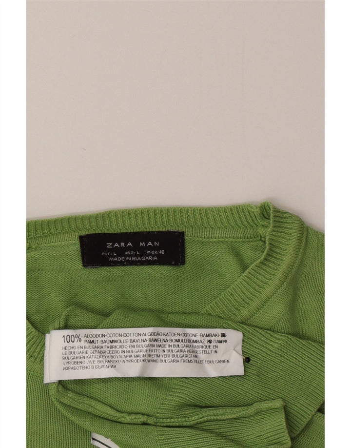 Zara Pull à col rond pour homme en coton vert Large