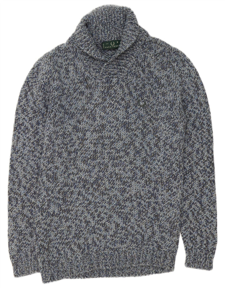 Fred Perry Pull à col châle pour homme en laine mouchetée bleu moyen