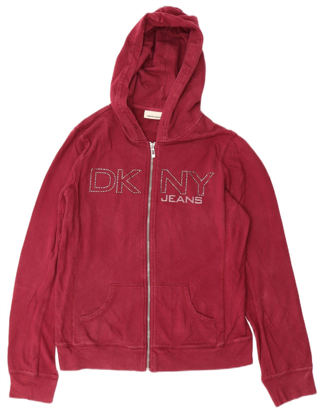 DKNY Pull à capuche zippé graphique pour femme UK 14 Grand coton bordeaux